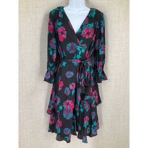 Tahari Floral Wrap Dress Womens 6 Black Pink Teal Tiered Ruffle Romantic Flowy